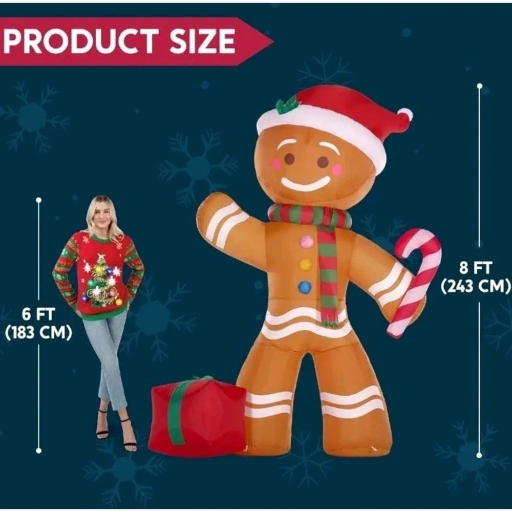 8 FT Christmas Inflatables‎ Gingerbread Man with Candy Cane Yard Decor w/LEDs